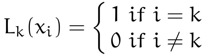 The kth function of known independent data, indexed by i, is one if i equals k, zero otherwise.