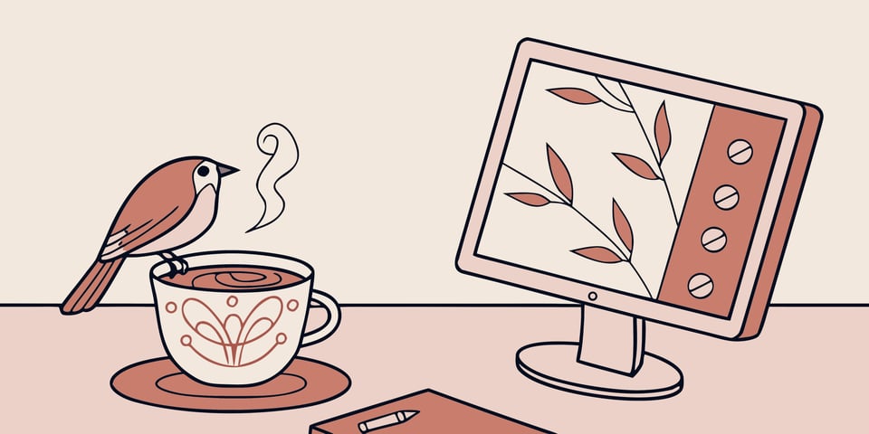 illustration of bird on mug in front of a screen