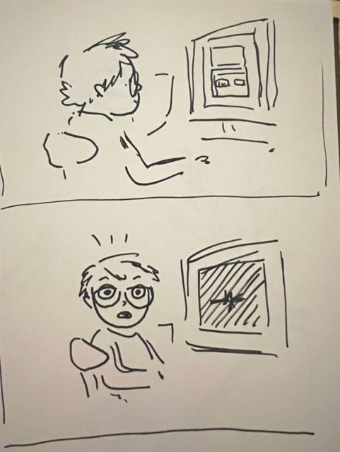 a sketch of me looking at my computer and then looking at camera shocked