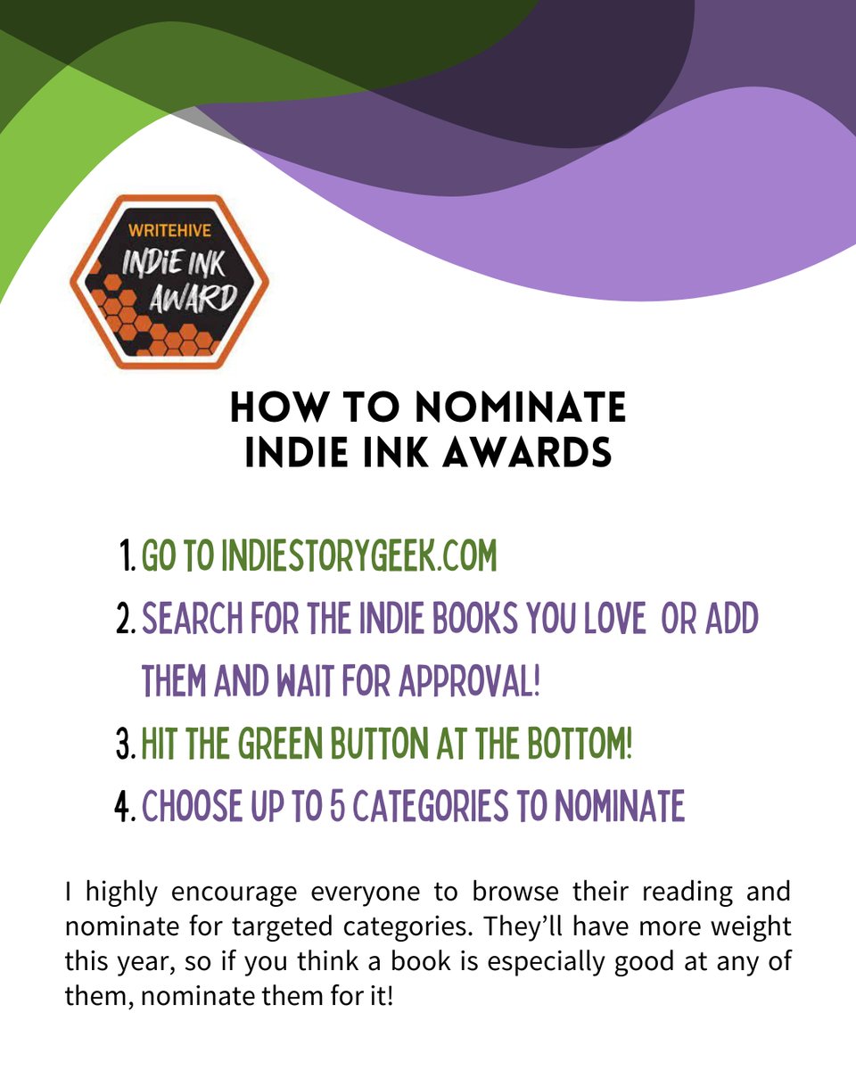 How to nominate – Indie Ink Awards.   1. Go to indiestorygeek.com 2. Search for the indie books you love OR Add them and wait for approval! 3.   Hit the green button at the bottom! 4.  Choose up to 5 categories to nominate I highly encourage everyone to browse their reading and nominate for targeted categories. They’ll have more weight this year, so if you think a book is especially good at any of them, nominate them for it!