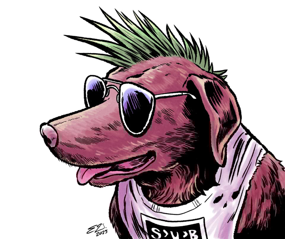 A punkified dog wearing sunglasses with a spiked green hairdo wearing a tattered dog-sized Sub Pop shirt with the sleeves cut off