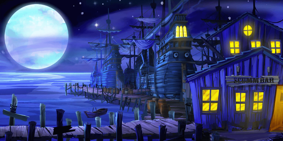 A graphical pirate town at night.