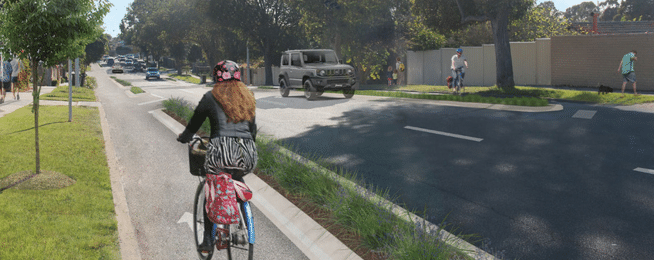 Illustrated image of the future protected bike lane, separated from the road by a nature strip