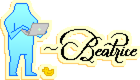 Portrait of Beatrice, a blue doofus, holding a laptop, next to a large version of her signature. Also a little yellow doof duck at her feet.