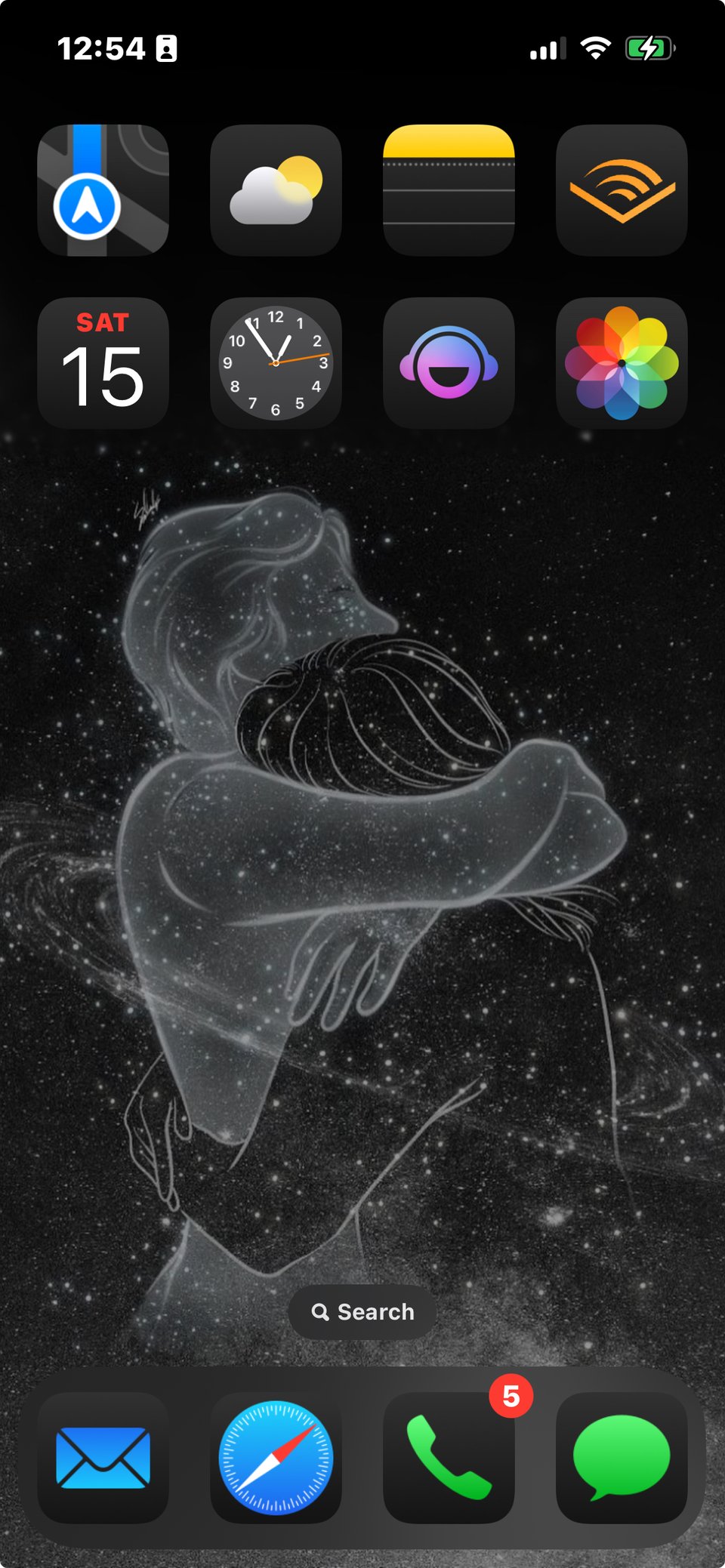 A screenshot showing my cleaned up phone screen. It shows a black illustration background of two people hugging in the stars. The icons are in dark mode and there are only a few of them.