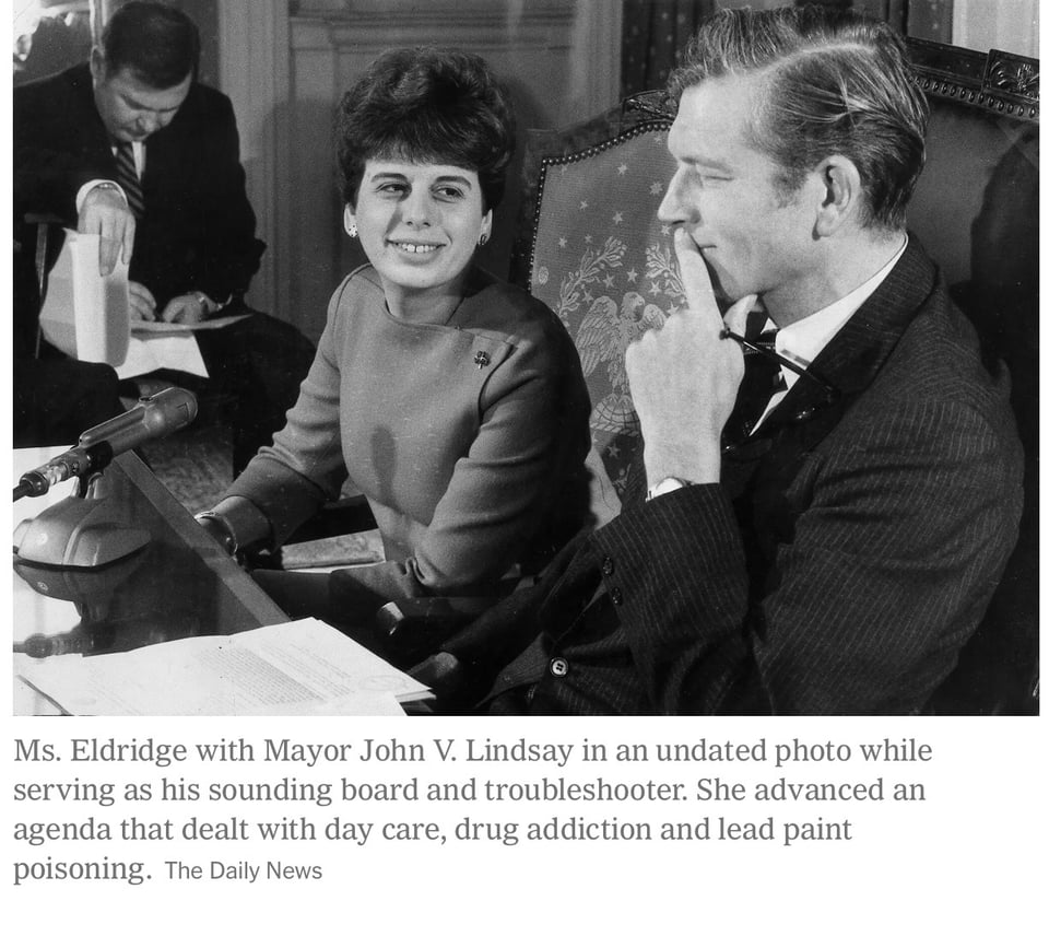 Eldridge was coordinator of Democrats for Lindsay in his 1969 re-election campaign