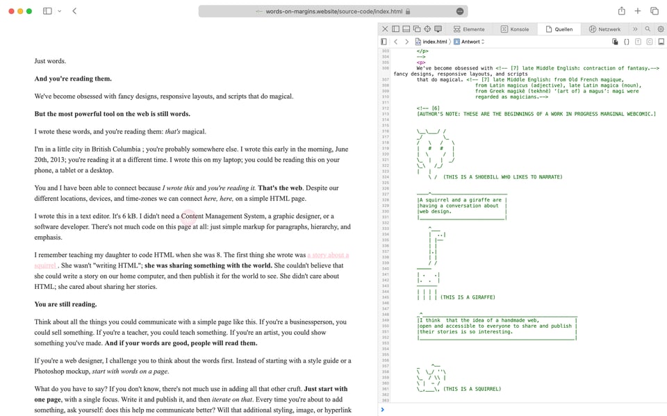 [An image showing on the left side a page of writing in a browser, and on the right, the source code. The code is in green and has ascii drawings and comments within it.]