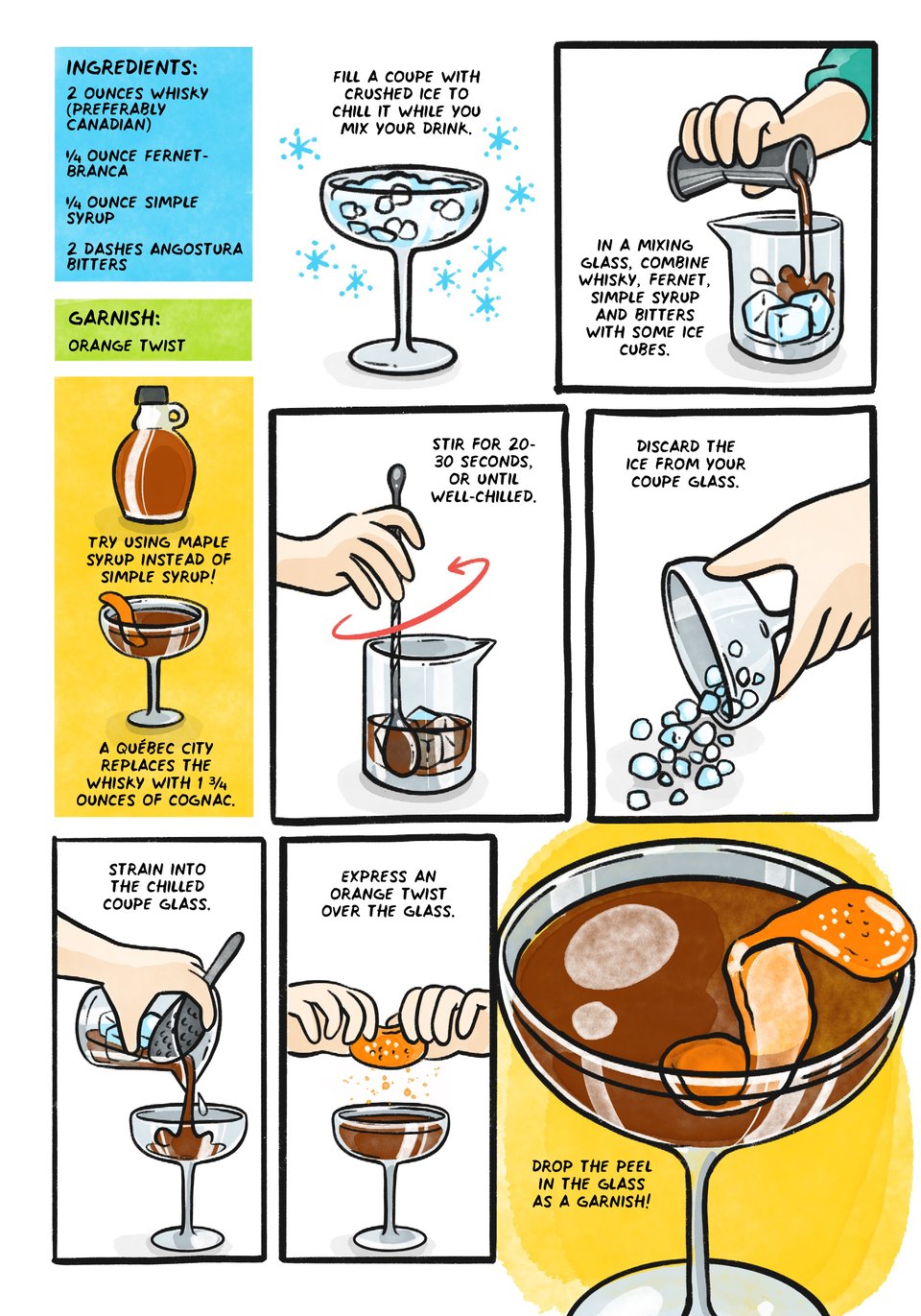 2 ounces whisky (preferably Canadian)
1/4 ounce Fernet-Branca
1/4 ounce simple syrup
2 dashes Angostura bitters
Garnish: orange twist

Try using maple syrup instead of simple syrup for the sweetener!

A Quebec City replaces the Canadian whisky with 1 3/4 ounces of cognac!

Fill a coupe with crushed ice to chill it while you mix your drink

In a mixing glass, combine whisky, fernet, simple syrup and bitters with some ice cubes.

Stir for 20-30 seconds, or until well-chilled

Discard the ice from the coupe glass.

Strain into the chilled glass.

Express an orange twist over the glass and drop the peel in the glass as a garnish!