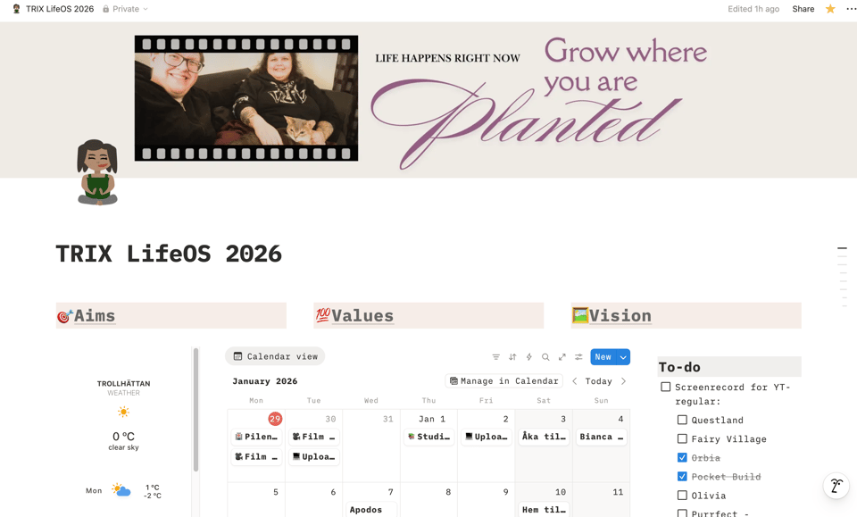 Screenshot of my dashboard in a software called "Notion"