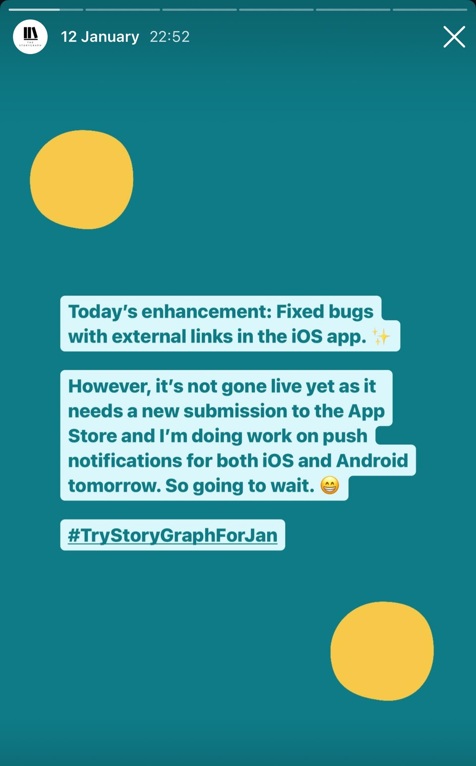 Screenshot of a StoryGraph Instagram story featuring text against a green background. The text reads: