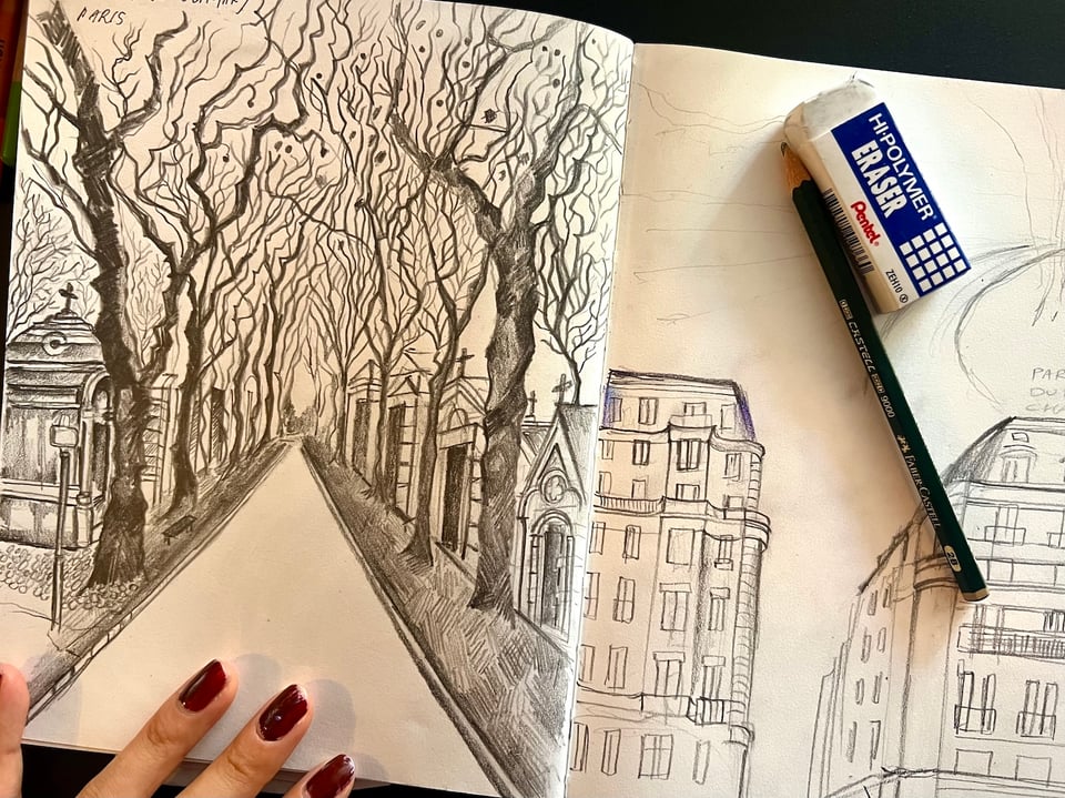 sketchbook page of cemetary pere laische