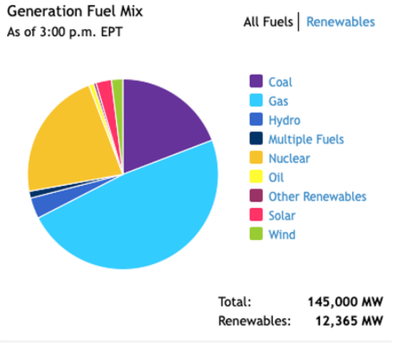 Amount of electric generation by fuel source in PJM during heat wave of July 28 2023.