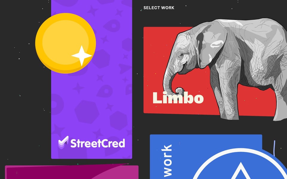 The work section on the home page with colorful cards, one is showing an elephant
