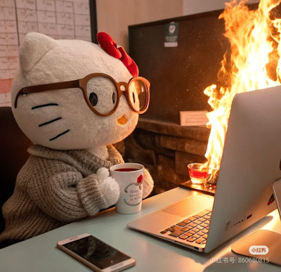 A Hello Kitty plush toy dressed in a grey sweater and large round glasses, sits at a desk holding a mug with a red design. In the background, a fire is burning on a computer screen.