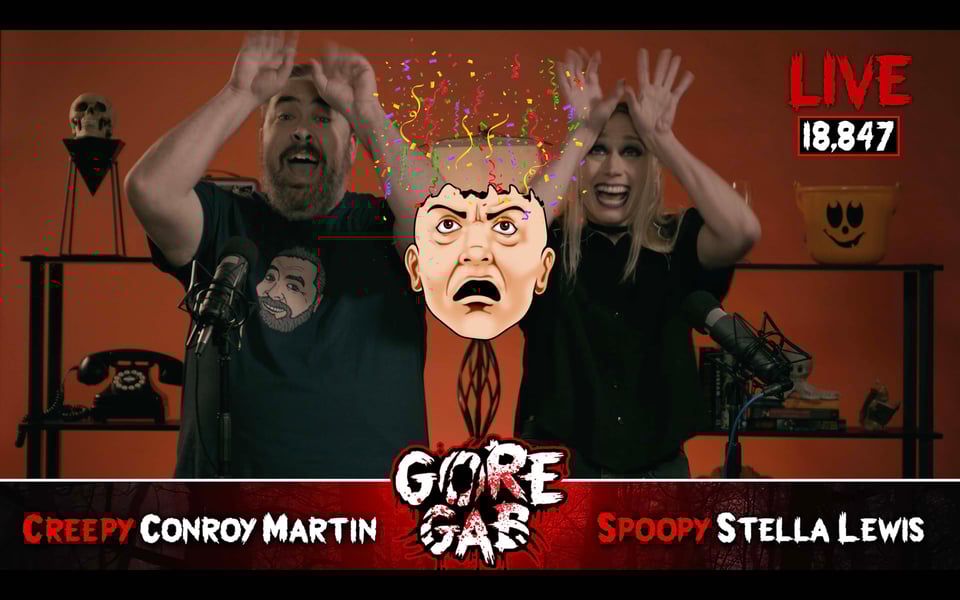 A screenshot from the horror film The Nightmare Adorable. Two horror hosts scream while a graphic of a head explodes