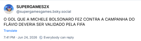 Post de SUPERGAMES2X (‪@supergamesgames.bsky.social‬) :

O GOL QUE A MICHELE BOLSONARO FEZ CONTRA A CAMPANHA DO FLÁVIO DEVERIA SER VALIDADO PELA FIFA