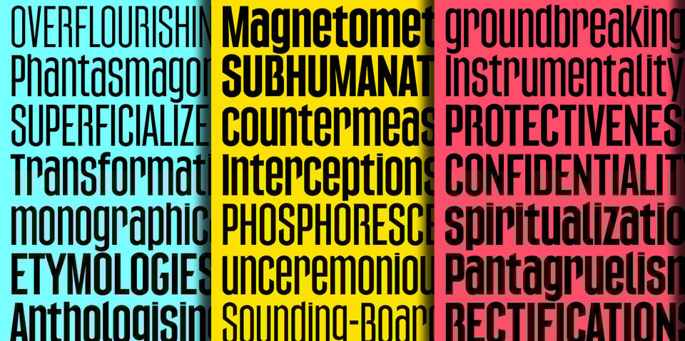 Counterpress typeface specimen with three columns of text varying between uppercase, mixed case, and lowercase on bring colorful backgrounds of cyan, yellow, and magenta