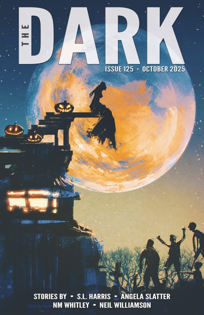 The Halloween-themed cover image for the October 2025 issue of The Dark. A willowy feminine figure and some glowing jack o'lanterns are silhouetted against the moon. Some shadowy figures below look up in what seems like admiration.