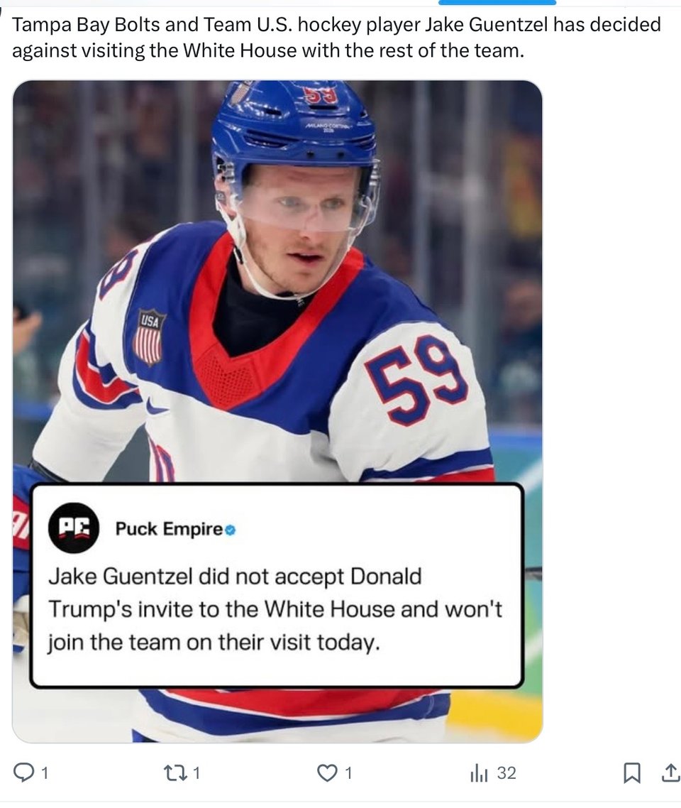 Jake Guentzel and 4 other members of the 2026 Gold Medal Men’s Hockey Team refused the invite from Trump.