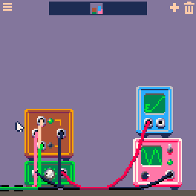 A set up of audio equipment with cables that connect them.