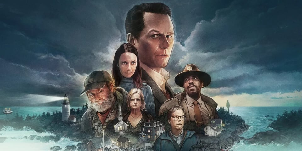 The cast of Widow's Bay in an atmospheric poster style overlayed on the island itself.