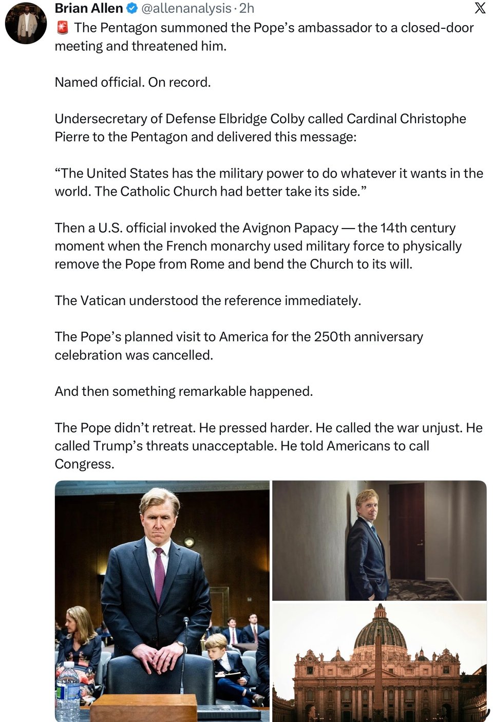 We now have a name and face to attach to the lackey Hegseth sent to threaten the Pope. Elbridge Colby.