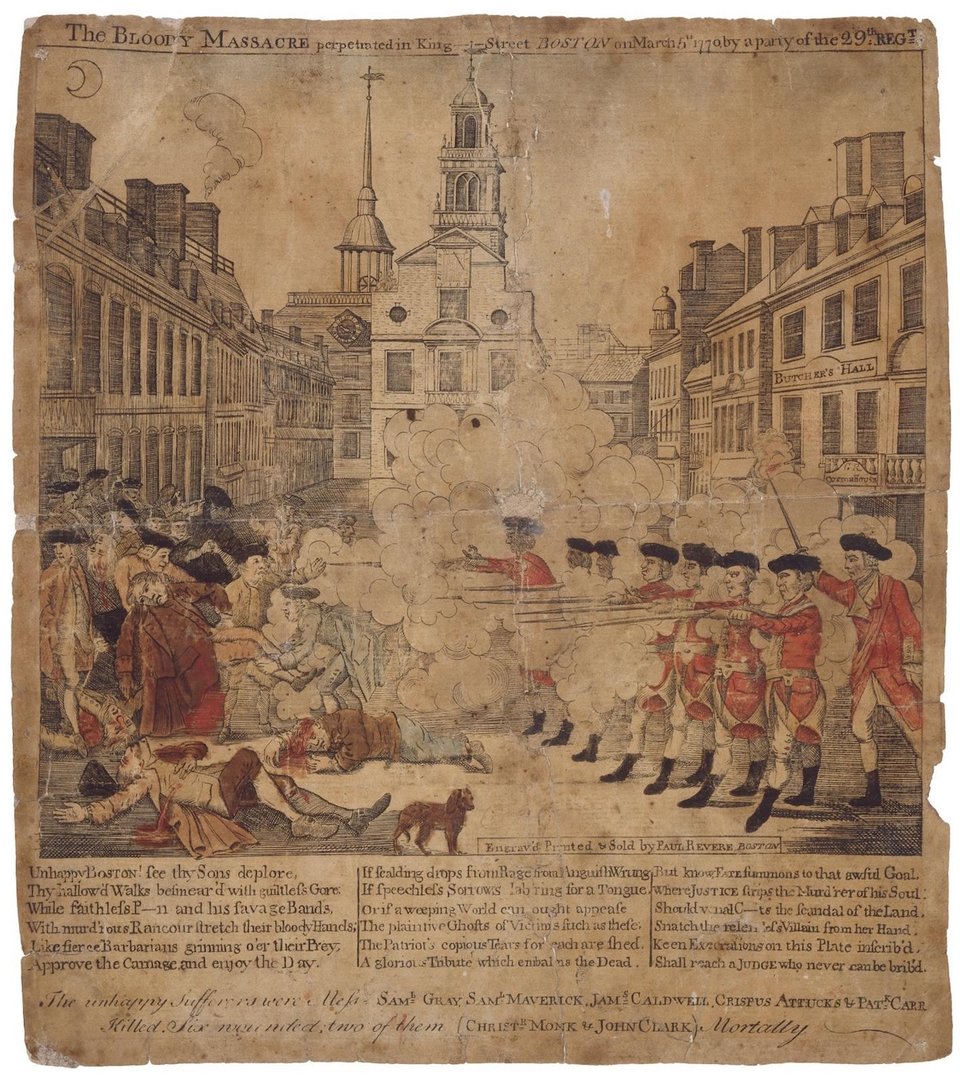 An illustration of the Boston Massacre, with Red Coats on the right firing guns on the citizens of Boston on the left.