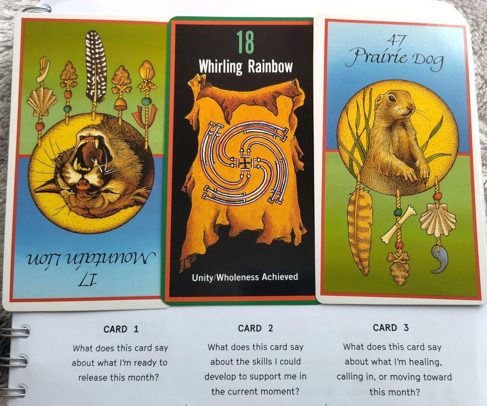 image description: a row of three tarot cards on top of a notebook. Each card sits above a reflection question printed in the notebook. The first card upside-down, and is a close-up illustration of mountain lion mid-roar. Beneath it the notebook reads ‘What does this card say about what I’m ready to release this month?’ The second card is an illustration of a whirled rainbow—a central square with a curved rainbow swirling around to the right from each side. Beneath it the notebook reads ‘What does this card say about the skills I could develop to support me in the current moment?’ The third card is an illustration of a prairie dog standing upright and alert in front of some grass. Beneath it the notebook reads ‘What does this card say about what I’m healing, calling in, or moving towards this month.’ End image description.