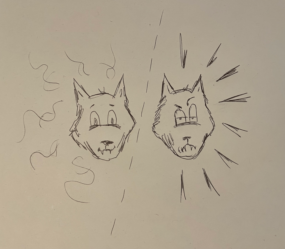 Two cartoon wolves. One looks friendly and kind, the other cranky and judgmental