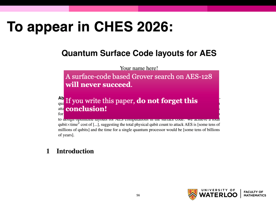 A slide saying "A surface-code based Grover search on AES-128 will never succeed."