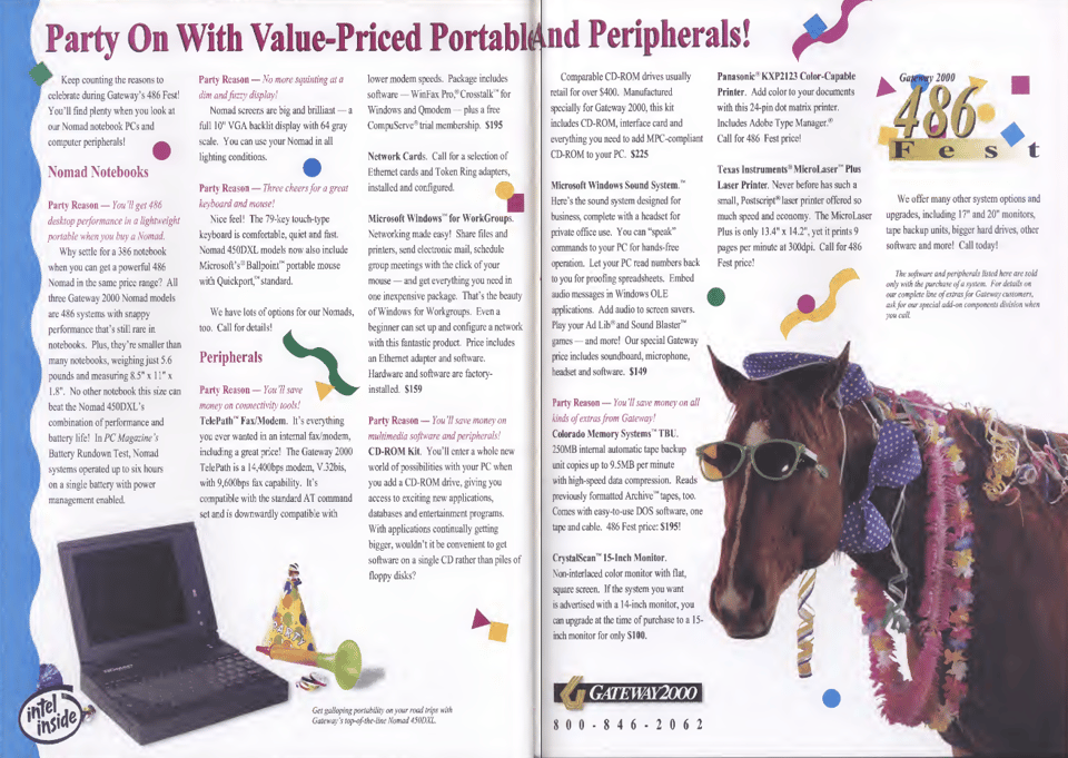 A text-heavy magazine advertisement with a picture of a horse in sunglasses wearing a party hat. There are also dozens of "Reasons to party" about computer deals and several hundred words of text.