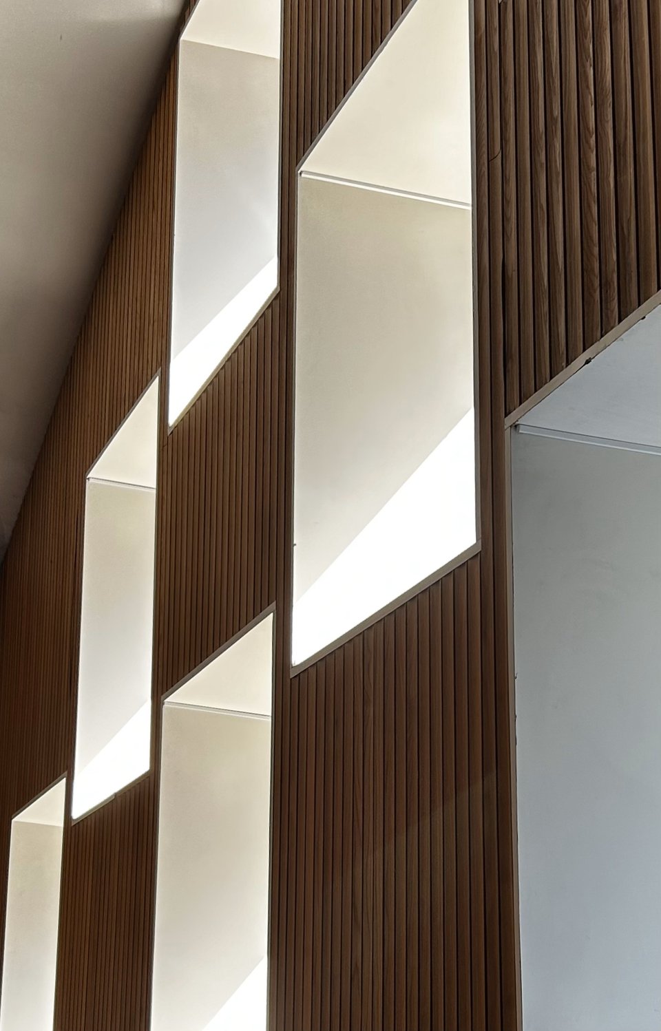 The checkerboard of windows with deep, white recesses, set into the wooden paneling. The panels are finely ribbed to help baffle sound.