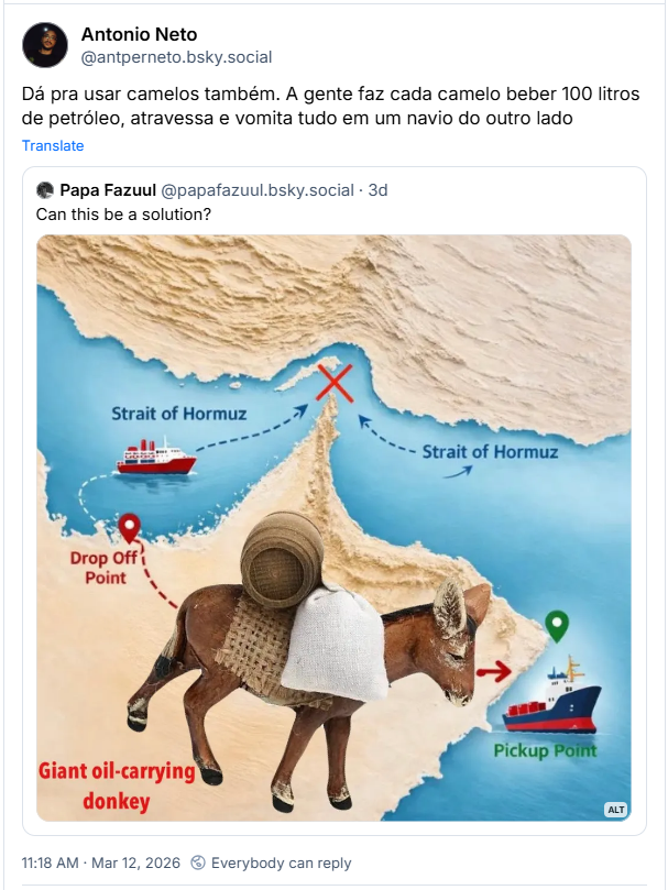 Post de Antonio Neto (@antperneto.bsky.social): Dá pra usar camelos também. A gente faz cada camelo beber 100 litros de petróleo, atravessa e vomita tudo em um navio do outro lado (Citação a post gringo com o mesmo mapa e a “solução” de usar burros de carga)