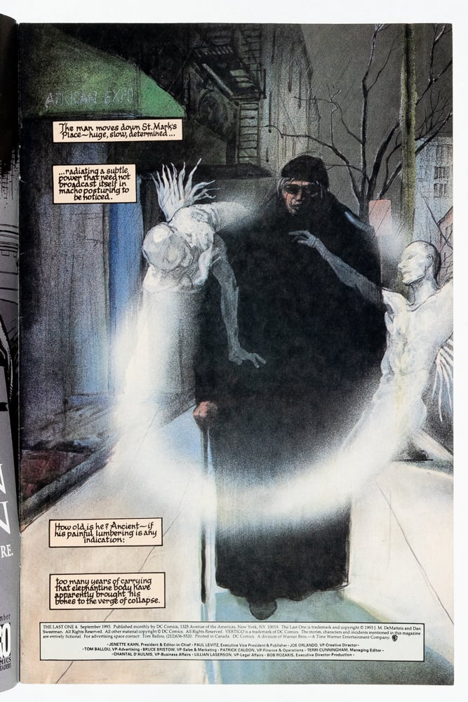 The first page to The Last One 4. Myrwann is walking down a sidewalk. Two angelic figures fly around