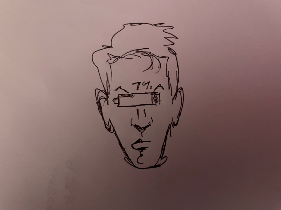 A sketch of a man's face with a battery percentage tracker on it