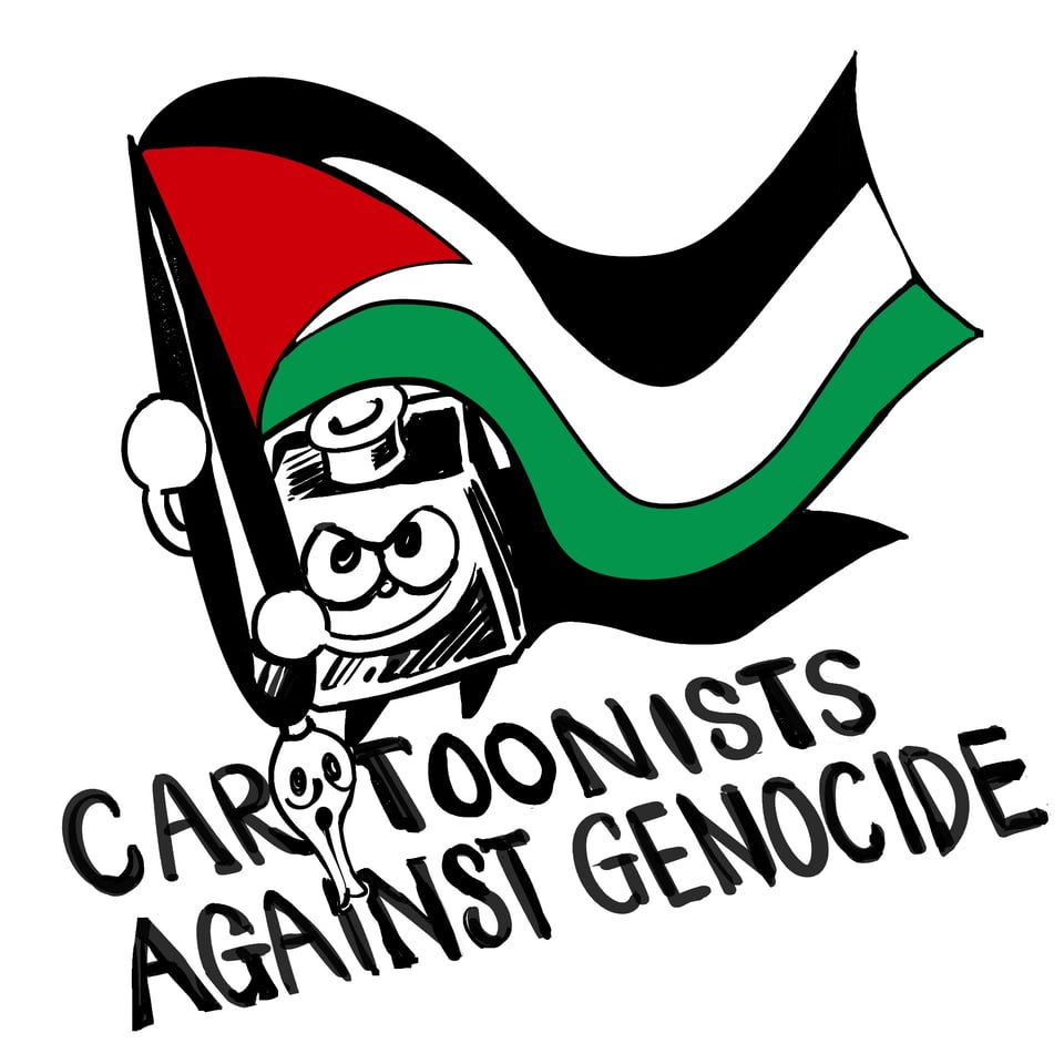 Illustration of Cartoonist Cooperative's mascots, Inkling (an ink bottle) and Nibford (a dip pen), as drawn by Kan Pham. Inkling is holding Nibford up like a flag pole with the Palestinian flag flying high. Text under them reads, “Cartoonists against genocide.”