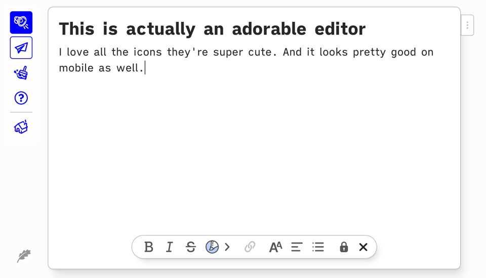Image of leaflet.pub markdown editor. Standard markdown editor but the icons are super cute. Like hand-drawn illustration. There's text in the editor that says "This is actually an adorable editor. I love llama the icons they're super cute. And it looks pretty good on mobile as well"