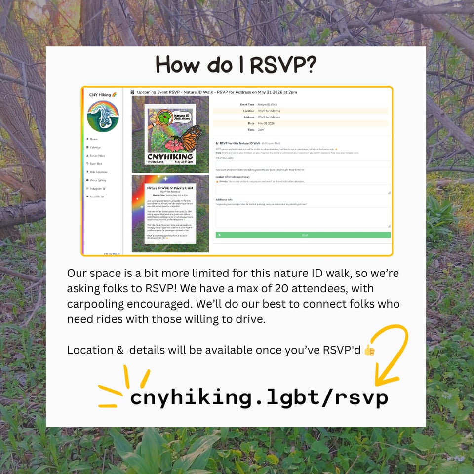 How do I RSVP?
Our space is a bit more limited for this nature ID walk, so we're asking folks to RSVP! We have a max of 20 attendees, with carpooling encouraged. We'll do our best to connect folks who need rides with those willing to drive.
Location & details will be available once you've RSVP'd.