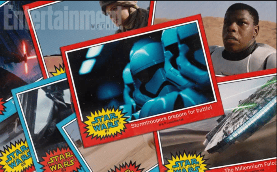 an image from entertainment weekly displaying a collage of star wars trading cards from star wars episode 5 the force awakens in red framed card designs based on the vintage topps trading card designs from 1977