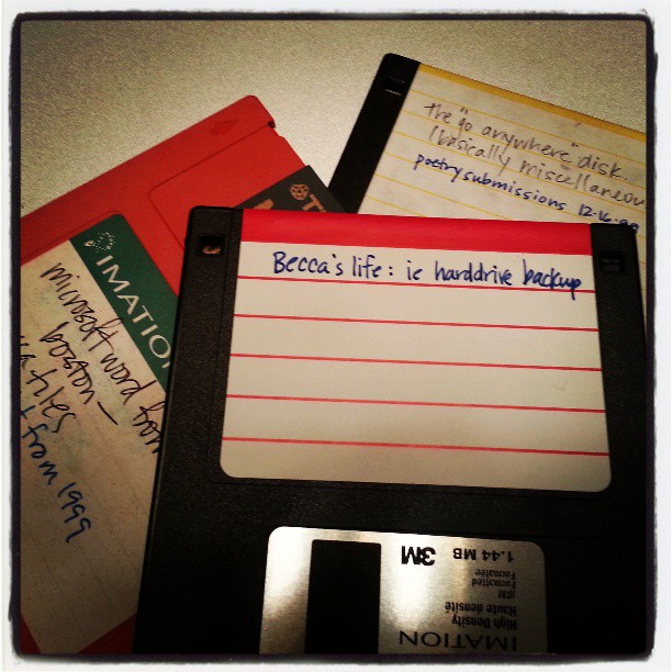 3 floppy disks, which were actually hard, and had silly names like "becca's life" and "go anywhere disk". combined these disks contain about 4 MB of memory.