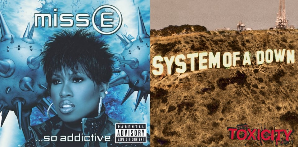 First pic: A blue tinted photo of a close up of Missy Elliot, a Black woman with short black hair in what I'd call a Pat Benatar style. She wears large hoop earrings with diamonds, and a collared jacket that is vaguely like camouflage. Behind her are two spherical metal objects, covered with sharp spikes. That are reminiscent of both ocean mines and viruses. Second pic: A photo of the famous Hollywood sign in Los Angeles, but the letters have been replaced so it says SYSTEM OF A DOWN.