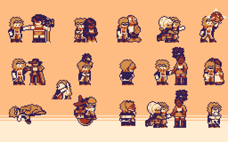 Image showing the different hugging sprites/animations for Virtue's Heaven, from top right to bottom left: Fist Bump Leaning against one another Side hug Another side hug, but the person doing the hug is much more enthusiastic Holding up a round bird like it's an item in a Zelda game Someone putting their hand on the player's shoulder Kneeling down and hugging a dog A Bird taking a nap in the player's hair A Bird sitting on the player's should while both face away from the camera Awkwardly holding hands The last Side hug A big dog laying on top of the player The player leaning next to a witch while both sit on a floating orb An intimate hug Enthusiastic side hug AND holding hands with a different person Holding up a cat as if to present them to an audience.