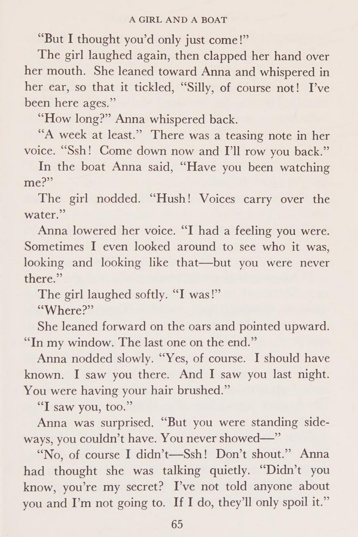 Page 65 of When Marnie Was There by Joan G. Robinson. Marnie tells Anna she's been watching her, and Anna insists that she hasn't seen Marnie.