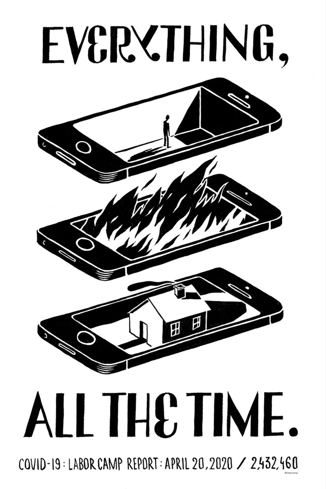 Propaganda art by Labor Camp with 3 smartphones and the text Everything, All the Time. Covid-19: Labor Camp Report: April 20,2020 / 2,432,460