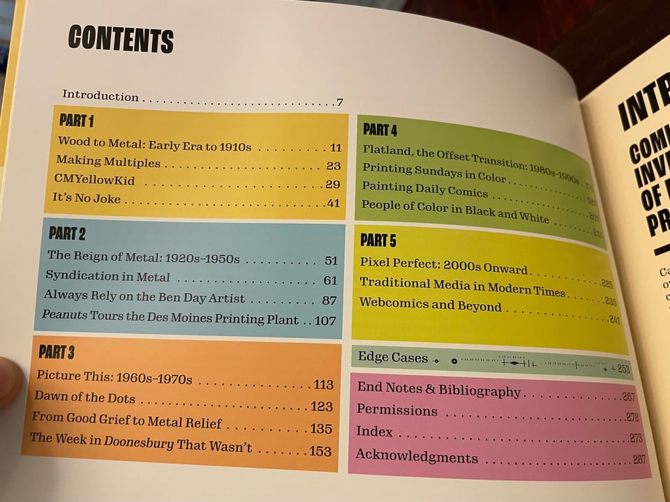 Photo of the Table of Contents, designed using blocks of various colors to break out the five parts and end notes.