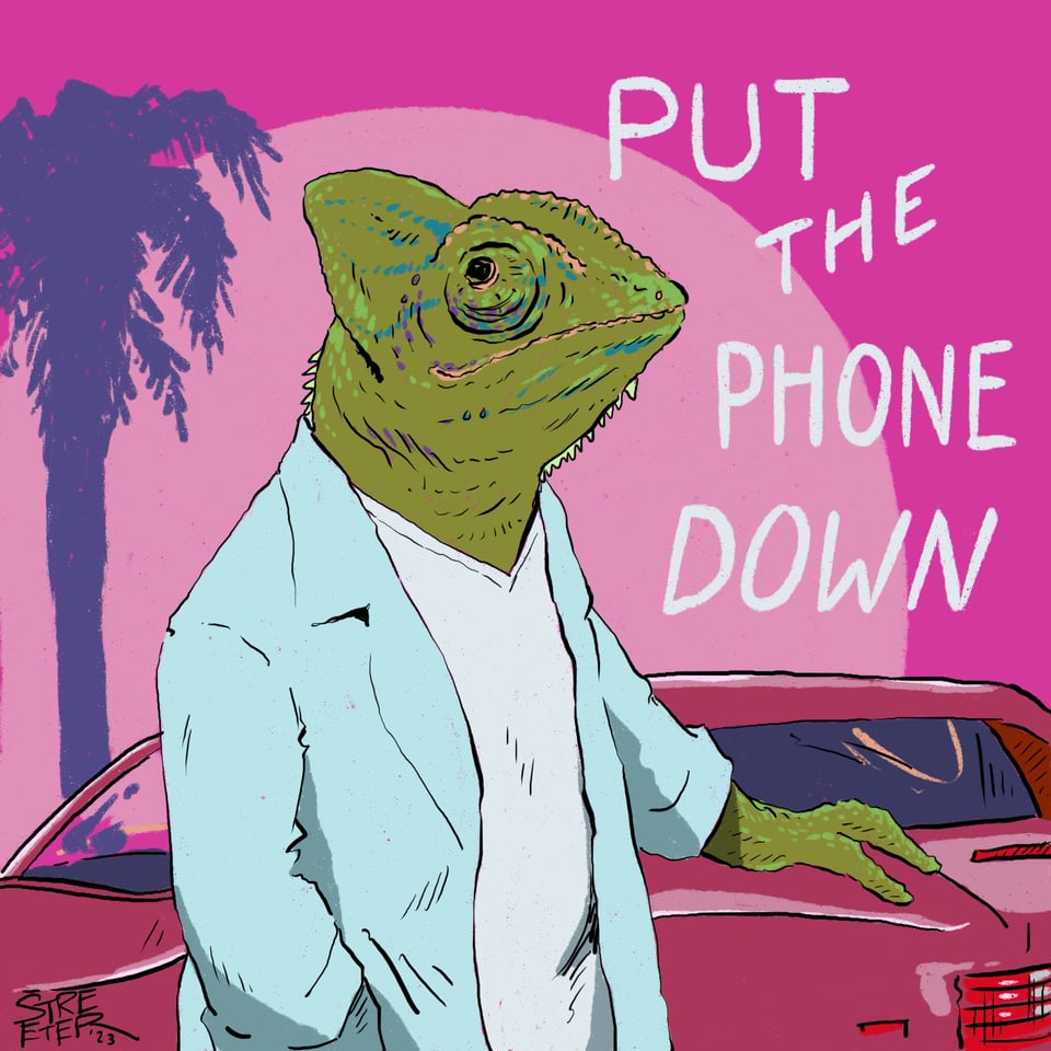 Image of a chameleon dressed as Don Johnson in Miami Vice with the text "put the phone down"