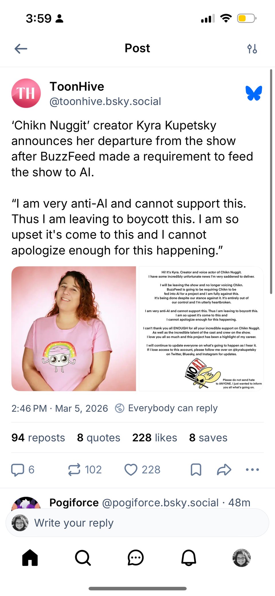 An image of an artist announcing that she is leaving Buzzfeed because of their pro-AI stance.
