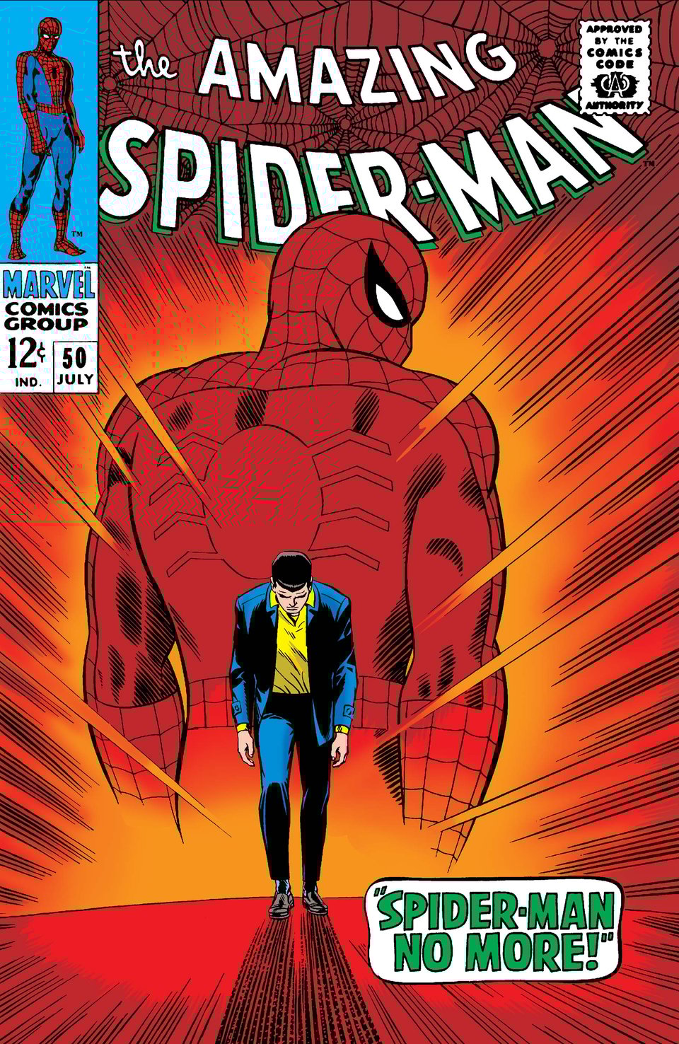 The cover to Amazing Spider-Man #50, the famous "Spider-Man No More!" cover which features Peter Parker walking away from a large image of Spider-Man against a red and yellow background