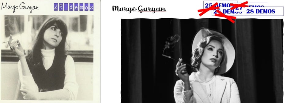 A black and white photo of Margo Guryan, a white woman. She has long brown hair and wears a dark vest over a white sweater. The picture was taken ~1967 and looks it. Her right arm is held up with a cigarette in hand while the left arm supports the right at the elbow. She's glancing off to the right with a kind fed-up look on her face.