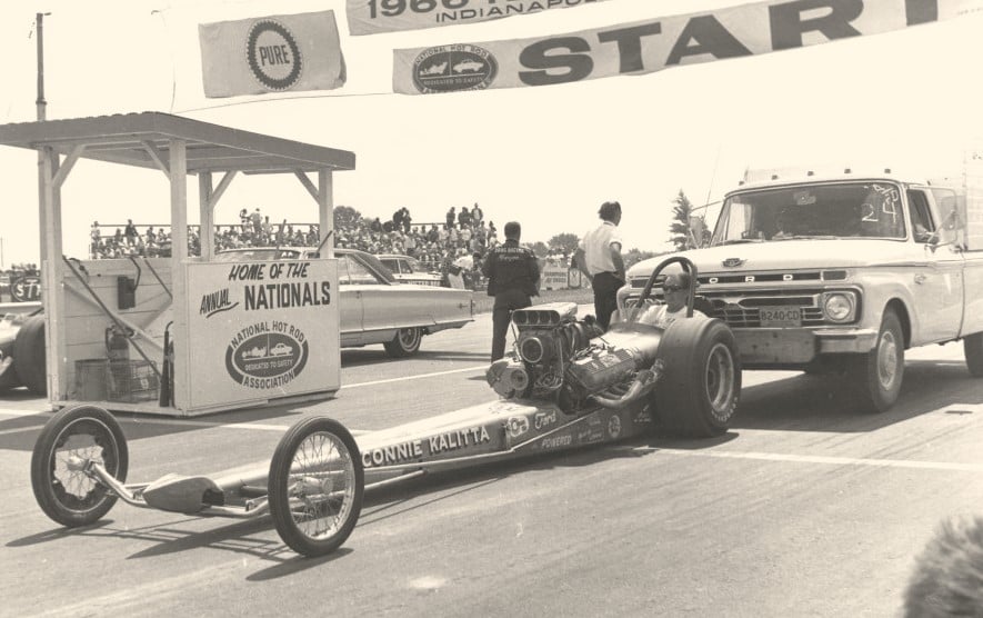 Connie Kalitta with his dragster approaching the starting line at Indy